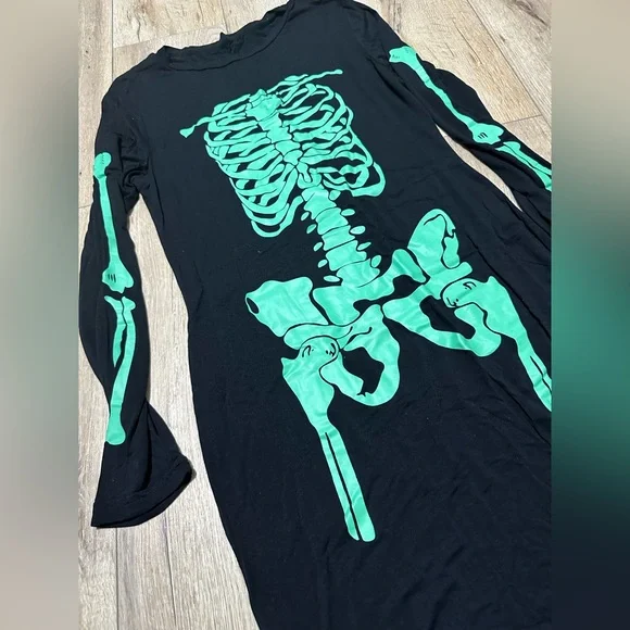 Neon green skeleton bones Bodycon stretchy dress Halloween black light resistant - Picture 12 of 14